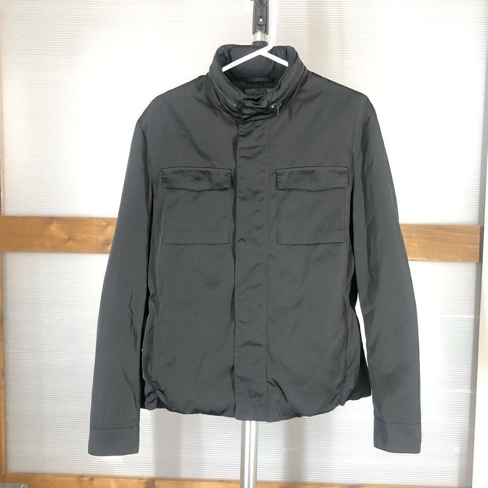 H&M Mens Black Field Jacket Hidden Hood Full Zip Snap Pockets 36R Euro 46R Small